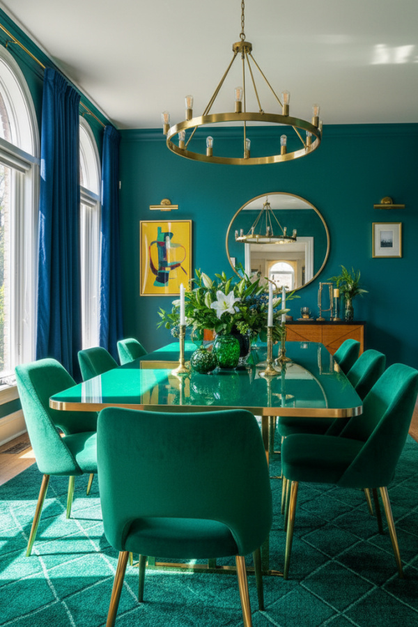 Narrow Emerald Green Gloss Dining Table In A Mid-Century Room