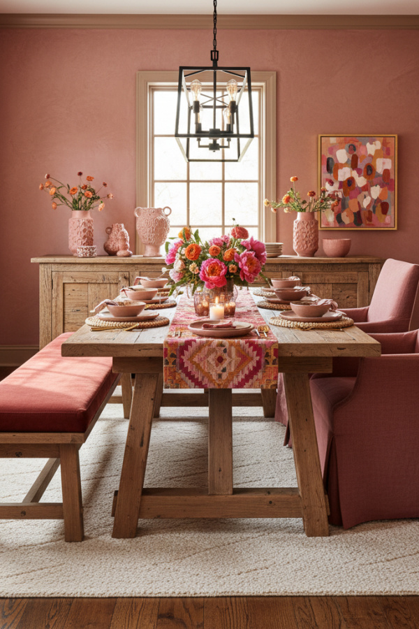 Narrow Reclaimed Pine Dining Table In A Rustic Modern Space