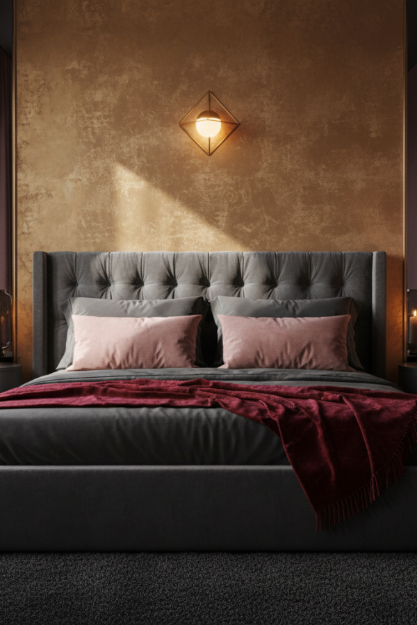 Moody Modern Velvet Dream Master Bedroom, Charcoal Gray Bedframe, 2 Blush Velvet Pillows, 1 Gold Wall Sconce