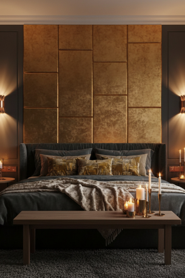 Moody Modern Intimate Glow Master Bedroom, Charcoal Walls, 1 Faux Fur Throw, 1 Rose Gold Wall Sconce
