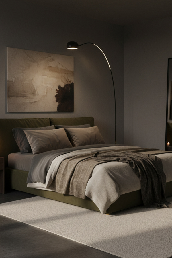 Moody Modern Rich Minimalist Master Bedroom, Deep Olive Bedframe, 2 Taupe Velvet Cushions, 1 Black Metal Lamp