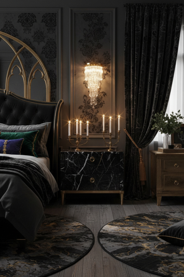 Moody Modern Gothic Glam Master Bedroom, Black Velvet Bed, 1 Marble Nightstand, 1 Crystal Wall Light