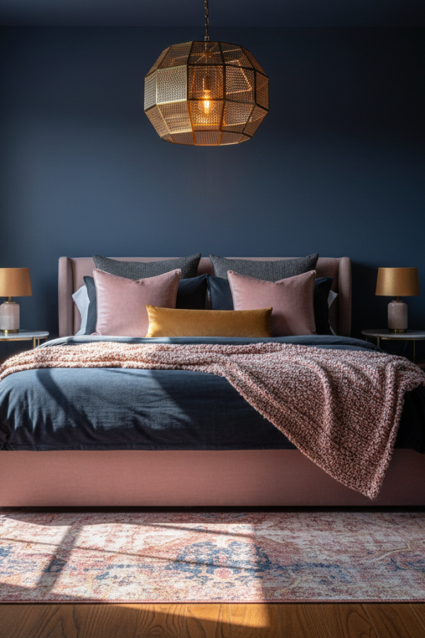 Moody Modern Lush Retreat Master Bedroom, Indigo Walls, 2 Blush Pink Pillows, 1 Brass Pendant Light