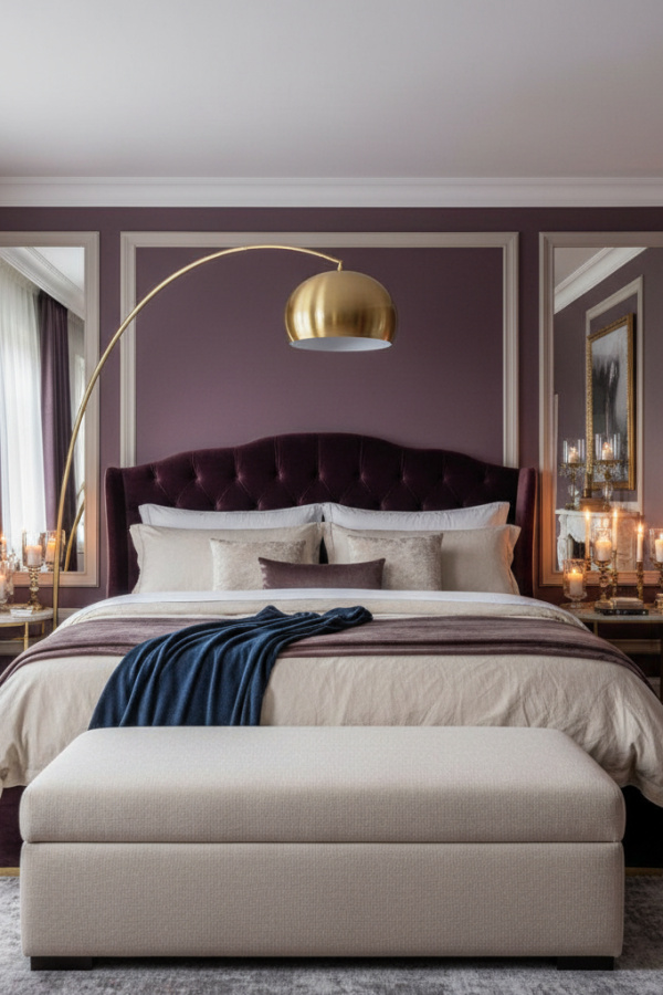 Moody Modern Velvet Opulence Master Bedroom, Aubergine Accent Wall, 1 Cream Linen Ottoman, 1 Gold Arc Lamp