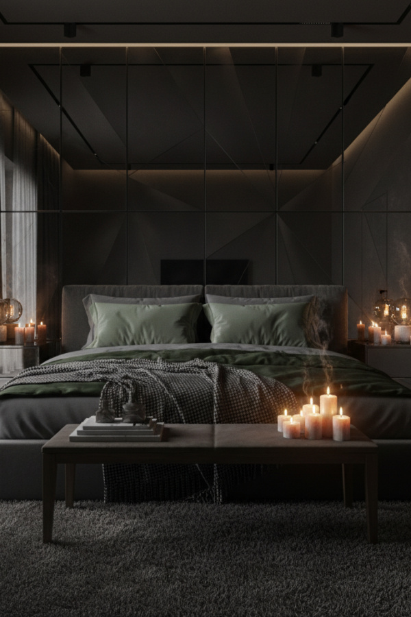 Moody Modern Smoky Charm Master Bedroom, Dark Gray Walls, 2 Sage Green Cushions, 1 Mirrored Wall Art