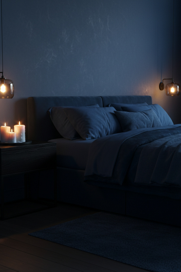 Moody Modern Deep Elegance Master Bedroom, Midnight Blue Bedspread, 1 Black Wood Nightstand, 1 Amber Wall Sconce