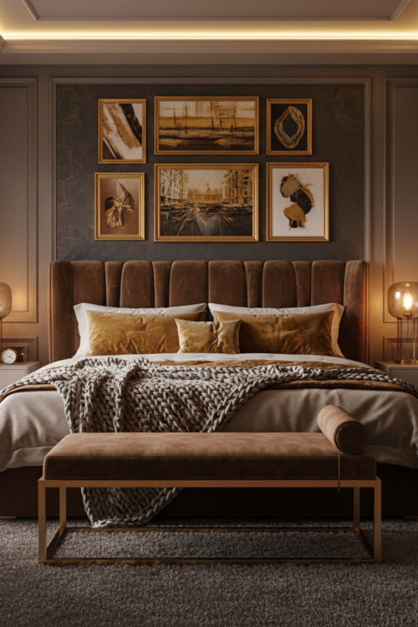 Moody Modern Warm Luxe Master Bedroom, Chocolate Brown Headboard, 1 Gold-Framed Gallery Wall, 1 Frosted Glass Lamp