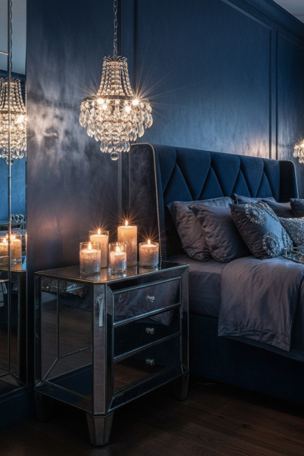 Moody Modern Midnight Glam Master Bedroom, Navy Blue Walls, 1 Mirrored Nightstand, 1 Crystal Chandelier