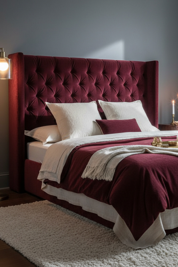 Moody Modern Plush Elegance Master Bedroom, Burgundy Velvet Headboard, 2 Cream Linen Cushions, 1 Brass Floor Lamp