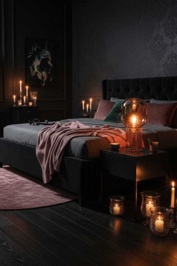 Moody Modern Dark Romance Master Bedroom, Black Accent Wall, 1 Mauve Throw Blanket, 1 Amber Glass Lamp
