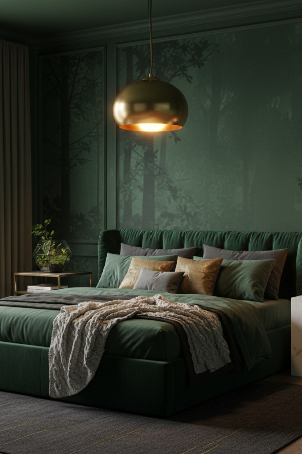Moody Modern Cozy Luxe Master Bedroom, Forest Green Walls, 1 Marble Side Table, 1 Dimmable Pendant Light