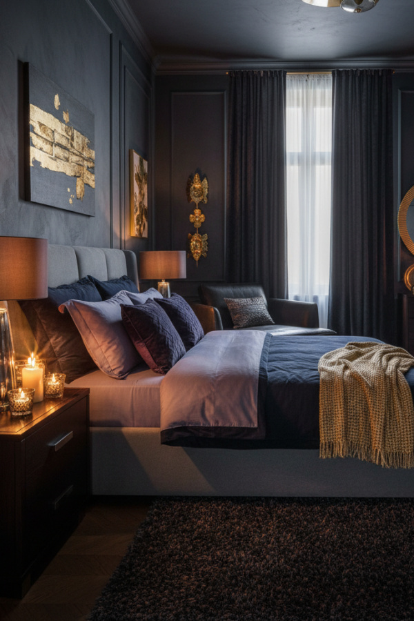 Moody Modern Smoky Sophisticate Master Bedroom, Slate Gray Upholstered Bed, 2 Lilac Pillows, 1 Chrome Table Lamp