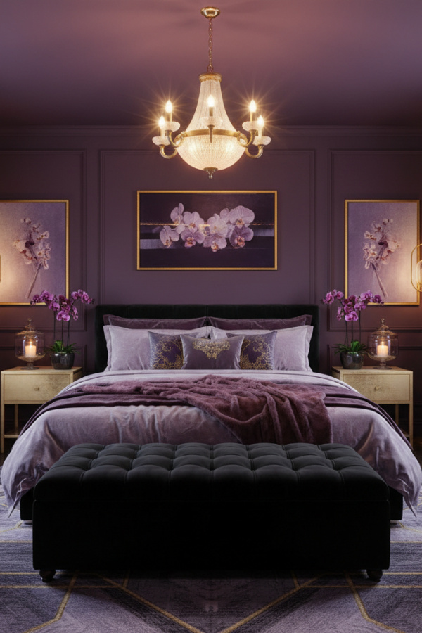 Moody Modern Bold Serenity Master Bedroom, Plum Walls, 1 Black Velvet Ottoman, 1 Frosted Glass Chandelier