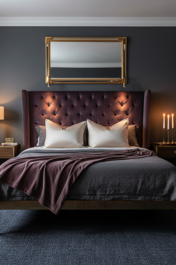 Moody Modern Dramatic Flair Master Bedroom, Eggplant Headboard, 2 Ivory Silk Pillows, 1 Gold-Framed Mirror