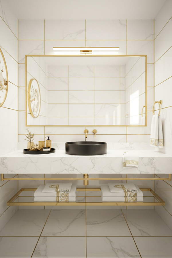 Modern Sleek Glam One Sink Bathroom Vanity, White Marble-Top Vanity, 1 Gold-Framed Mirror, 1 Black Ceramic Tray