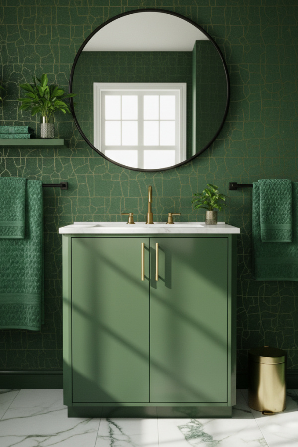 Modern Sultry Chic One Sink Bathroom Vanity, Olive Green Lacquered Vanity, 1 Round Black Mirror, 1 Black Towel Rack