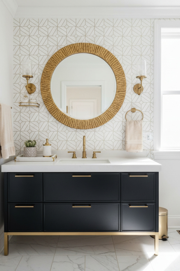 Modern Urban Glam One Sink Bathroom Vanity, Matte Black Vanity, 1 Gold-Accented Mirror, 1 White Ceramic Tray