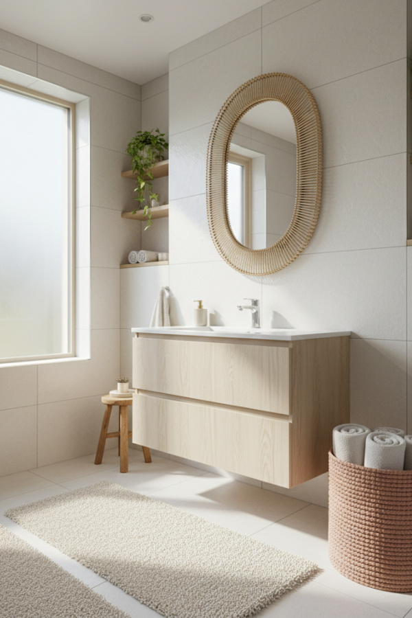 Modern Plush Retreat One Sink Bathroom Vanity, Cream Wooden Vanity, 1 Oval Woven Mirror, 1 Blush Storage Basket