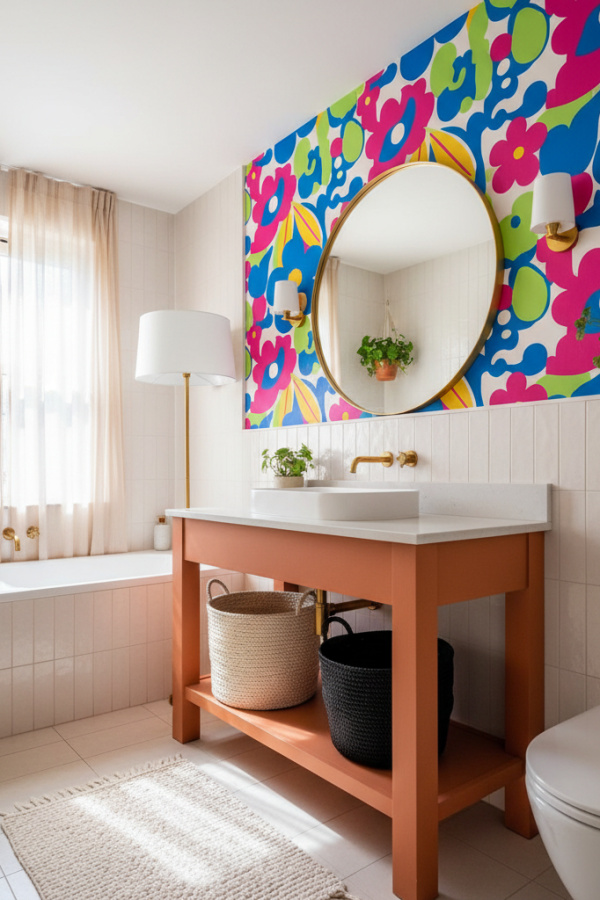 Modern Vibrant Pop One Sink Bathroom Vanity, Terracotta Vanity, 1 Cream Woven Storage Basket, 1 Black Woven Basket