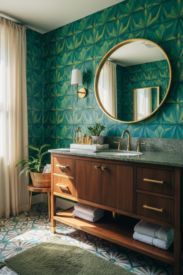 Modern Eclectic Charm One Sink Bathroom Vanity, Olive Green Marble-Top Vanity, 1 Round Gold Mirror, 1 White Marble Tray