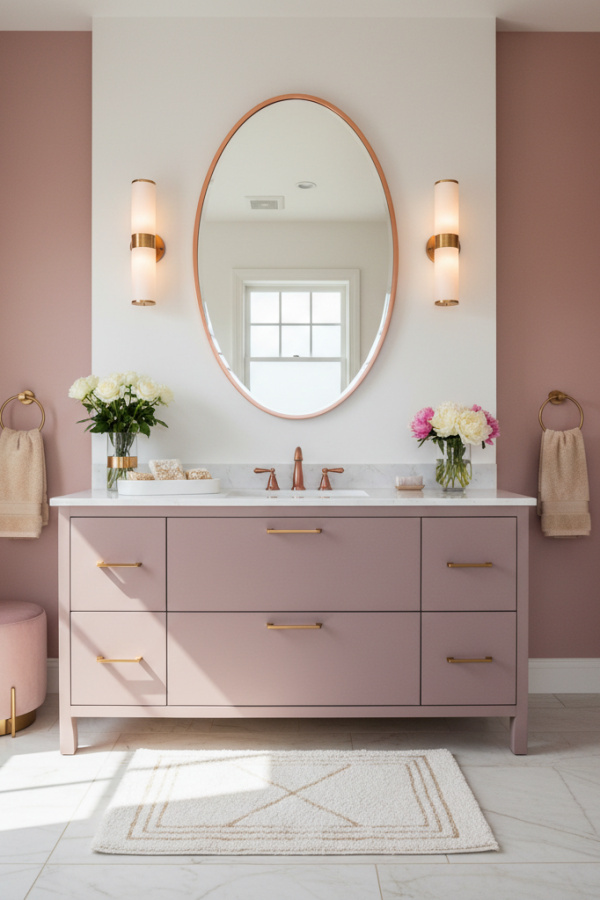 Modern Modern Romance One Sink Bathroom Vanity, Mauve Vanity, 1 White Ceramic Tray, 1 Oval Rose Gold Mirror