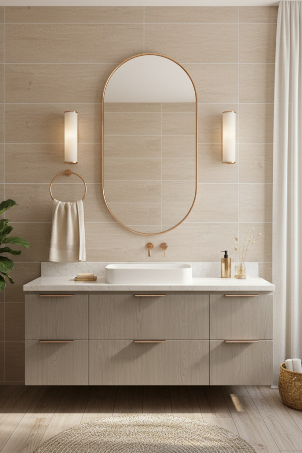 Modern Chic Tranquil One Sink Bathroom Vanity, Greige Wooden Vanity, 1 Oval Mirrored Frame, 1 Rose Gold Towel Rack