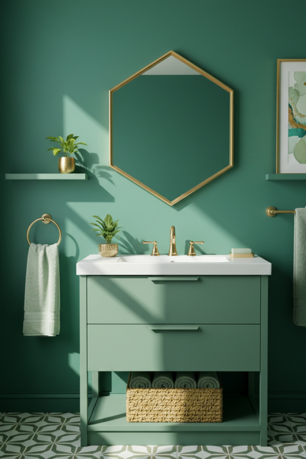 Modern Vibrant Bliss One Sink Bathroom Vanity, Sage Green Vanity, 1 Hexagonal Mirror, 1 Gold Woven Basket