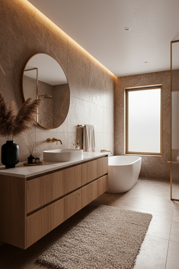 Modern Warm Luxe One Sink Bathroom Vanity, Oak Wood Vanity, 1 Round Marble Mirror, 1 Black Ceramic Vase