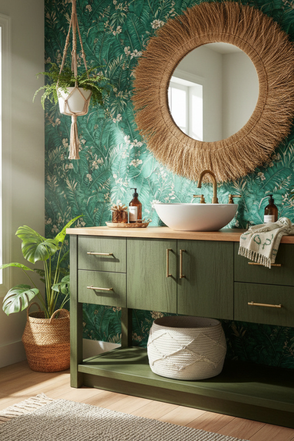 Modern Boho Chic One Sink Bathroom Vanity, Olive Green Wooden Vanity, 1 Round Woven Mirror, 1 White Woven Basket