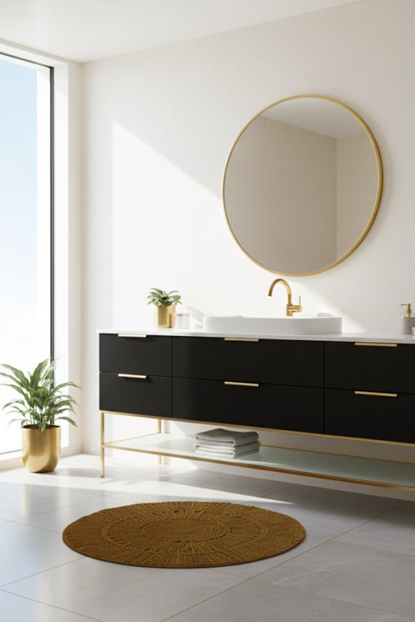 Modern Minimalist Elegance One Sink Bathroom Vanity, Black Lacquered Vanity, 1 Frosted Glass Shelf, 1 Gold Faucet Fixture