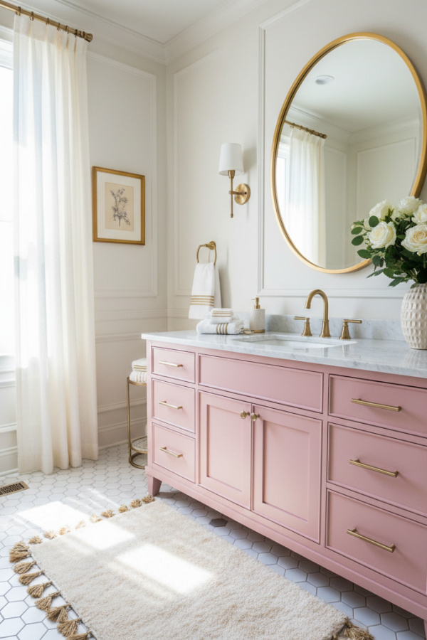 Modern Romantic Bliss One Sink Bathroom Vanity, Blush Pink Vanity, 1 Oval Gold Mirror, 1 Cream Ceramic Vase