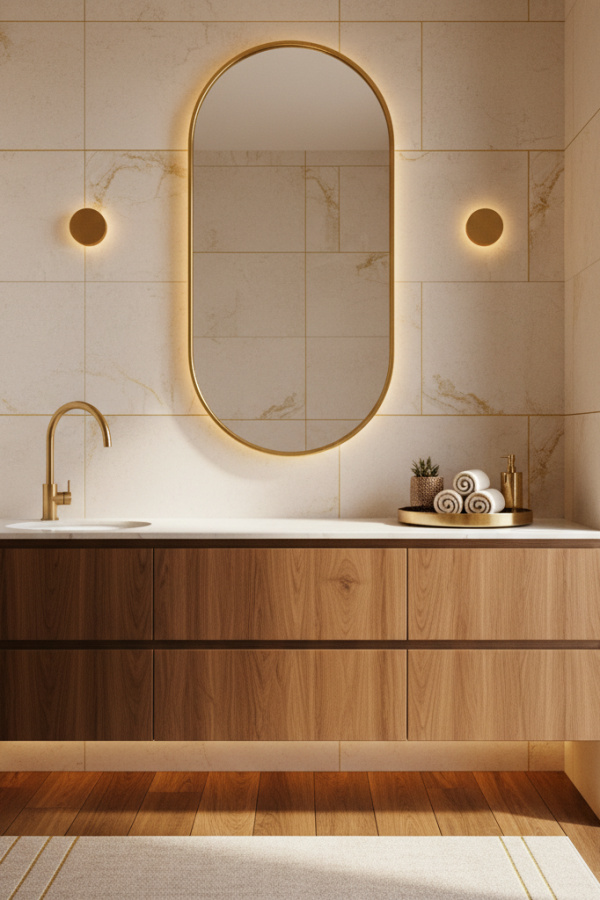 Modern Cozy Luxe One Sink Bathroom Vanity, Walnut Wood Vanity, 1 Oval Ceramic Mirror, 1 Gold Decorative Tray