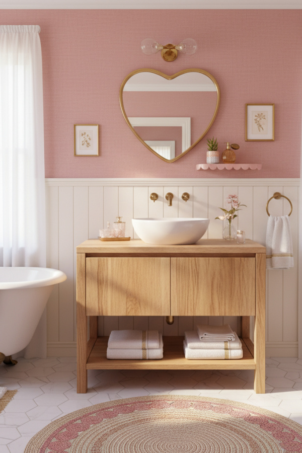 Modern Feminine Charm One Sink Bathroom Vanity, Ivory Wooden Vanity, 1 Heart-Shaped Mirror, 1 Pink Ceramic Shelf