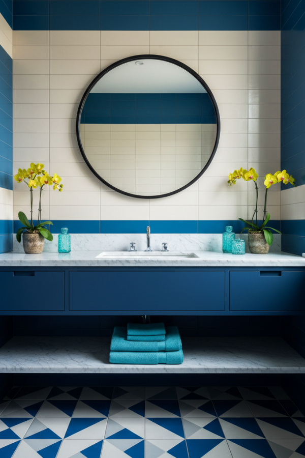 Modern Bold Serenity One Sink Bathroom Vanity, Navy Blue Vanity, 1 White Marble Shelf, 1 Round Black Mirror