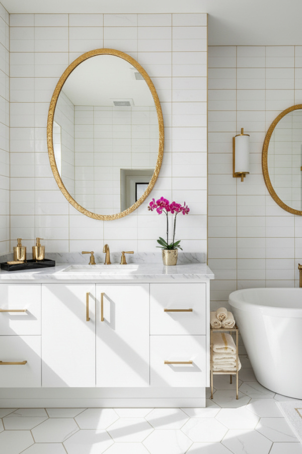 Modern Glamorous Shine Oval Bathroom Mirror, Oval Gold-Framed Mirror, White Marble-Top Single Vanity, 1 Black Ceramic Tray Modern Glamorous Shine Oval Bathroom Mirror, Oval Gold-Framed Mirror, White Marble-Top Single Vanity, 1 Black Ceramic Tray