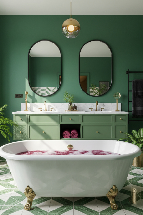 Modern Sultry Charm Oval Bathroom Mirror, Oval Black-Framed Mirror, Olive Green Lacquered Double Vanity, 1 Black Towel Rack Modern Sultry Charm Oval Bathroom Mirror, Oval Black-Framed Mirror, Olive Green Lacquered Double Vanity, 1 Black Towel Rack