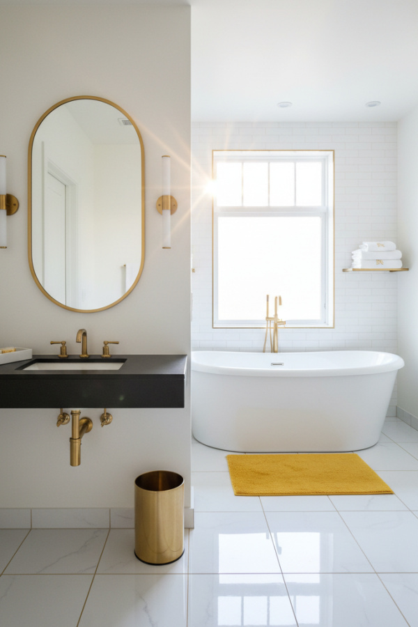 Modern Urban Chic Oval Bathroom Mirror, Oval Gold-Accented Mirror, Matte Black Single Vanity, 1 White Ceramic Tray Modern Urban Chic Oval Bathroom Mirror, Oval Gold-Accented Mirror, Matte Black Single Vanity, 1 White Ceramic Tray