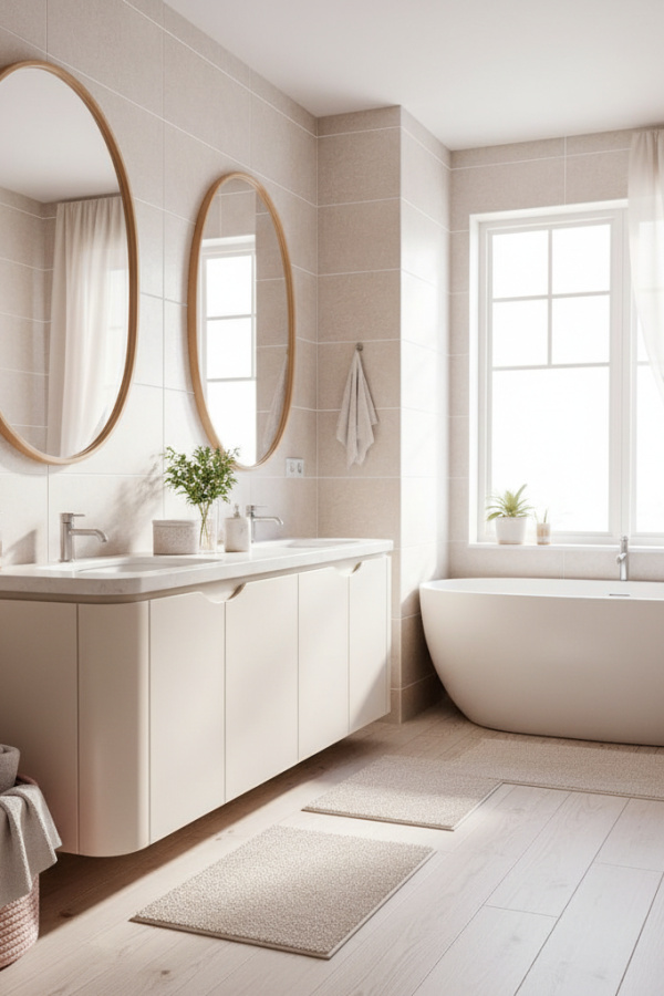 Modern Plush Harmony Oval Bathroom Mirror, Oval Frosted Glass Mirror, Cream Wooden Double Vanity, 1 Blush Storage Basket Modern Plush Harmony Oval Bathroom Mirror, Oval Frosted Glass Mirror, Cream Wooden Double Vanity, 1 Blush Storage Basket