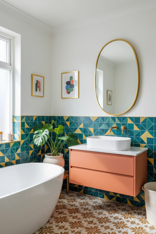 Modern Vibrant Flair Oval Bathroom Mirror, Oval Hexagonal Gold Mirror, Terracotta Single Vanity, 1 Cream Woven Storage Basket Modern Vibrant Flair Oval Bathroom Mirror, Oval Hexagonal Gold Mirror, Terracotta Single Vanity, 1 Cream Woven Storage Basket