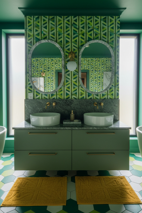 Modern Eclectic Pop Oval Bathroom Mirror, Oval Marble-Rimmed Mirror, Olive Green Marble-Top Double Vanity, 1 White Marble Tray Modern Eclectic Pop Oval Bathroom Mirror, Oval Marble-Rimmed Mirror, Olive Green Marble-Top Double Vanity, 1 White Marble Tray