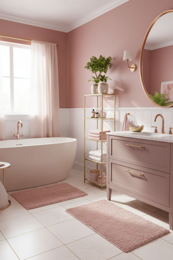 Modern Modern Romance One Sink Bathroom Vanity, Mauve Vanity, 1 White Ceramic Tray, 1 Oval Rose Gold Mirror Modern Modern Romance One Sink Bathroom Vanity, Mauve Vanity, 1 White Ceramic Tray, 1 Oval Rose Gold Mirror