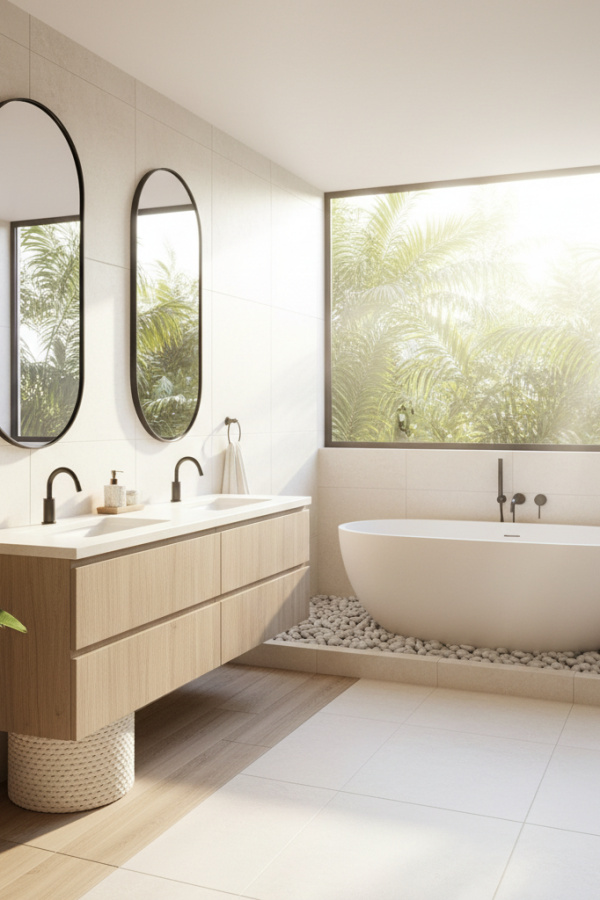 Modern Chic Retreat Oval Bathroom Mirror, Oval Black-Edged Mirror, Greige Wooden Double Vanity, 1 Cream Woven Basket Modern Chic Retreat Oval Bathroom Mirror, Oval Black-Edged Mirror, Greige Wooden Double Vanity, 1 Cream Woven Basket