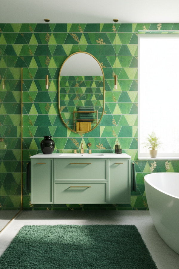 Modern Vibrant Bliss Oval Bathroom Mirror, Oval Gold-Rimmed Mirror, Sage Green Single Vanity, 1 Black Ceramic Vase Modern Vibrant Bliss Oval Bathroom Mirror, Oval Gold-Rimmed Mirror, Sage Green Single Vanity, 1 Black Ceramic Vase