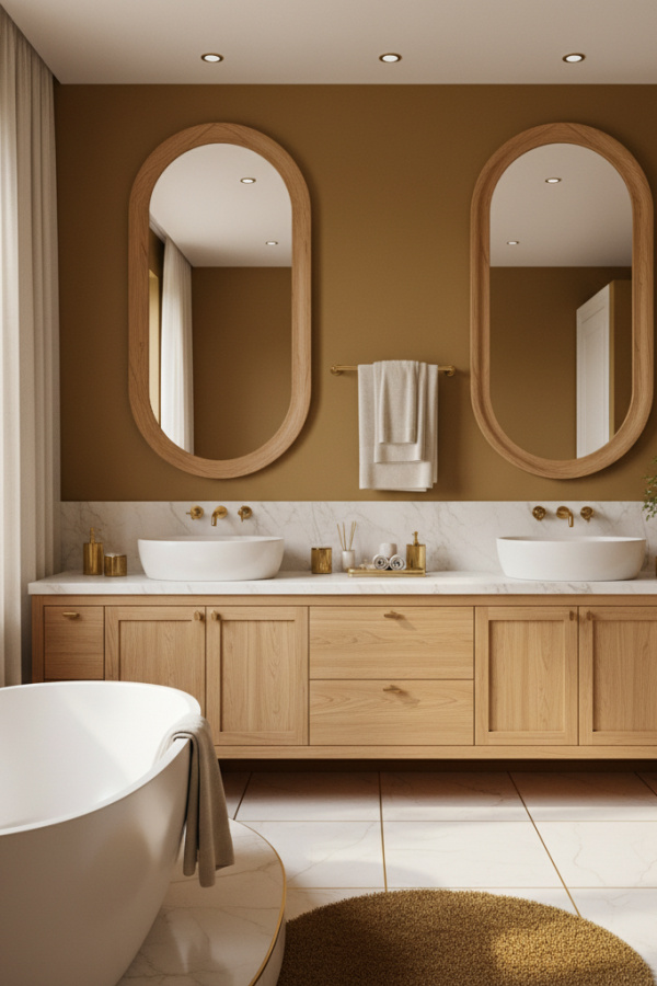 Modern Warm Luxe Oval Bathroom Mirror, Oval Oak-Framed Mirror, Oak Wood Double Vanity, 1 Gold Towel Rack Modern Warm Luxe Oval Bathroom Mirror, Oval Oak-Framed Mirror, Oak Wood Double Vanity, 1 Gold Towel Rack