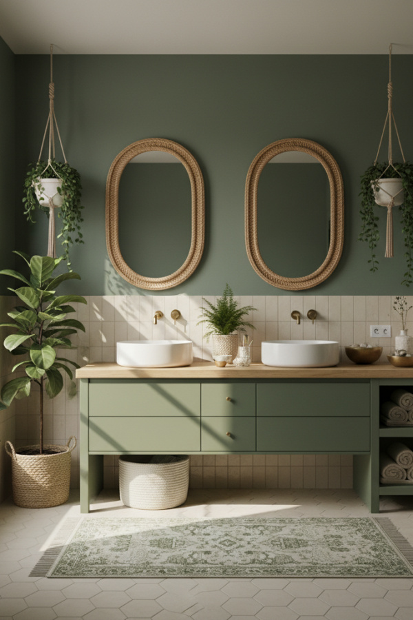 Modern Boho Luxe Oval Bathroom Mirror, Oval Woven-Rim Mirror, Olive Green Wooden Double Vanity, 1 Cream Woven Basket Modern Boho Luxe Oval Bathroom Mirror, Oval Woven-Rim Mirror, Olive Green Wooden Double Vanity, 1 Cream Woven Basket