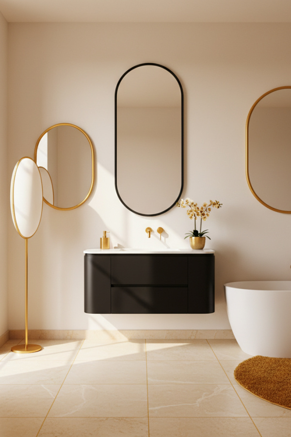 Modern Sleek Minimalist Oval Bathroom Mirror, Oval Black Metal Mirror, Black Lacquered Single Vanity, 1 Gold Faucet Fixture Modern Sleek Minimalist Oval Bathroom Mirror, Oval Black Metal Mirror, Black Lacquered Single Vanity, 1 Gold Faucet Fixture