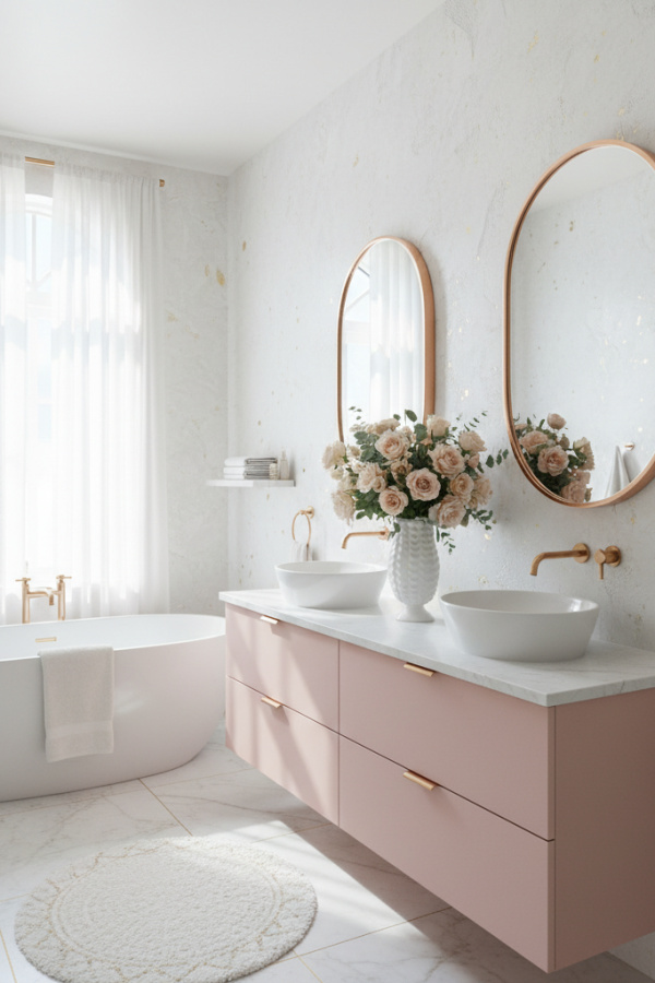 Modern Romantic Elegance Oval Bathroom Mirror, Oval Rose Gold Mirror, Blush Pink Double Vanity, 1 White Ceramic Vase Modern Romantic Elegance Oval Bathroom Mirror, Oval Rose Gold Mirror, Blush Pink Double Vanity, 1 White Ceramic Vase