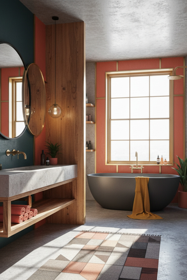 Modern Industrial Chic Oval Bathroom Mirror, Oval Matte Black Mirror, Concrete-Top Single Vanity, 1 Wooden Towel Rack Modern Industrial Chic Oval Bathroom Mirror, Oval Matte Black Mirror, Concrete-Top Single Vanity, 1 Wooden Towel Rack