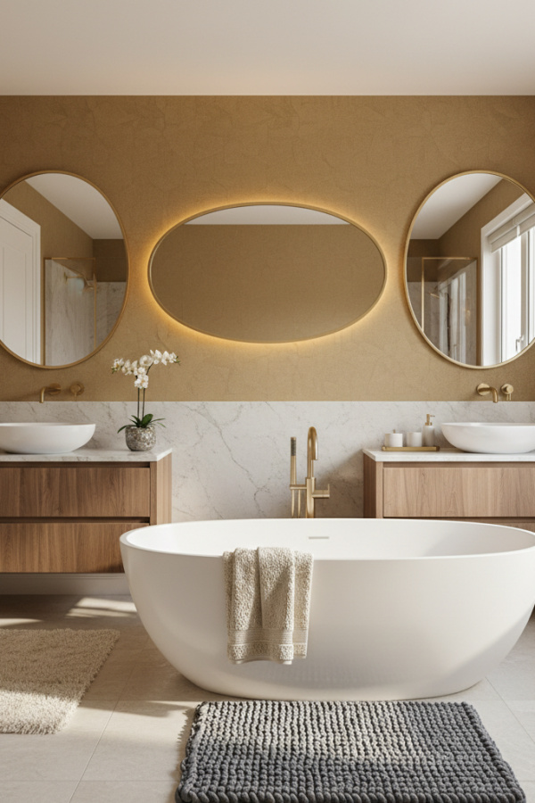 Modern Cozy Sophisticate Oval Bathroom Mirror, Oval Ceramic-Rimmed Mirror, Walnut Wood Double Vanity, 1 Gold Decorative Tray Modern Cozy Sophisticate Oval Bathroom Mirror, Oval Ceramic-Rimmed Mirror, Walnut Wood Double Vanity, 1 Gold Decorative Tray