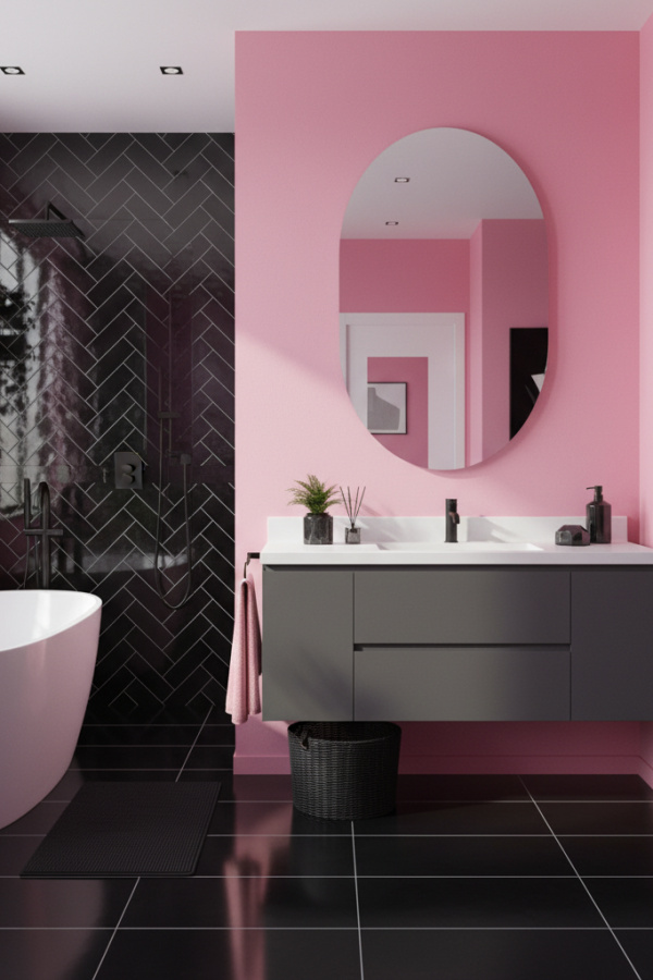 Modern Edgy Glam Oval Bathroom Mirror, Oval Mirrored-Edge Mirror, Charcoal Gray Single Vanity, 1 Black Woven Basket Modern Edgy Glam Oval Bathroom Mirror, Oval Mirrored-Edge Mirror, Charcoal Gray Single Vanity, 1 Black Woven Basket